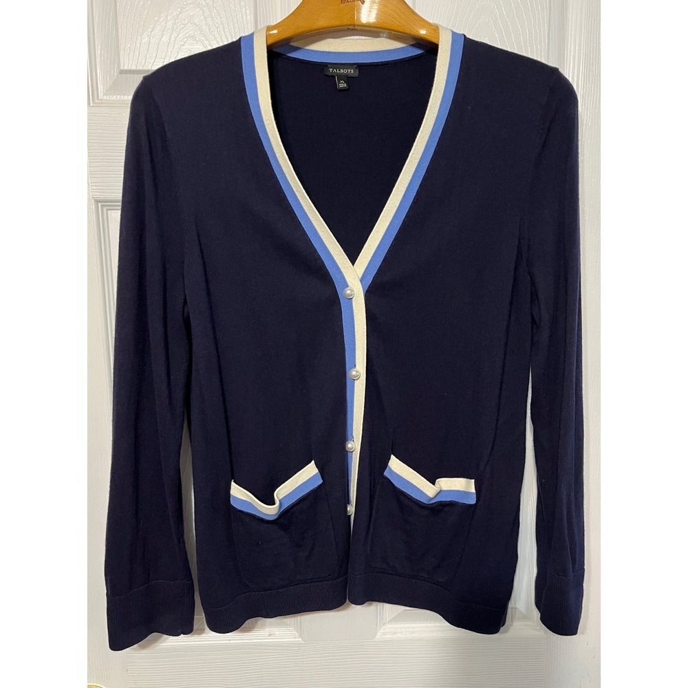 Talbots Cardigan Sweater Womens XL Navy Blue Pearl Button Pockets Light Academia
